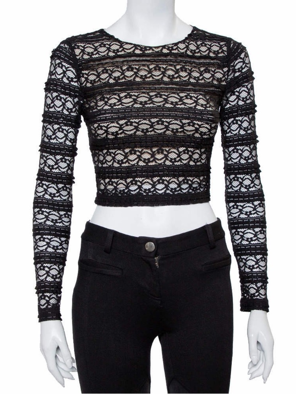 Alice & Olivia Black Lace Long-Sleeve Crop Top